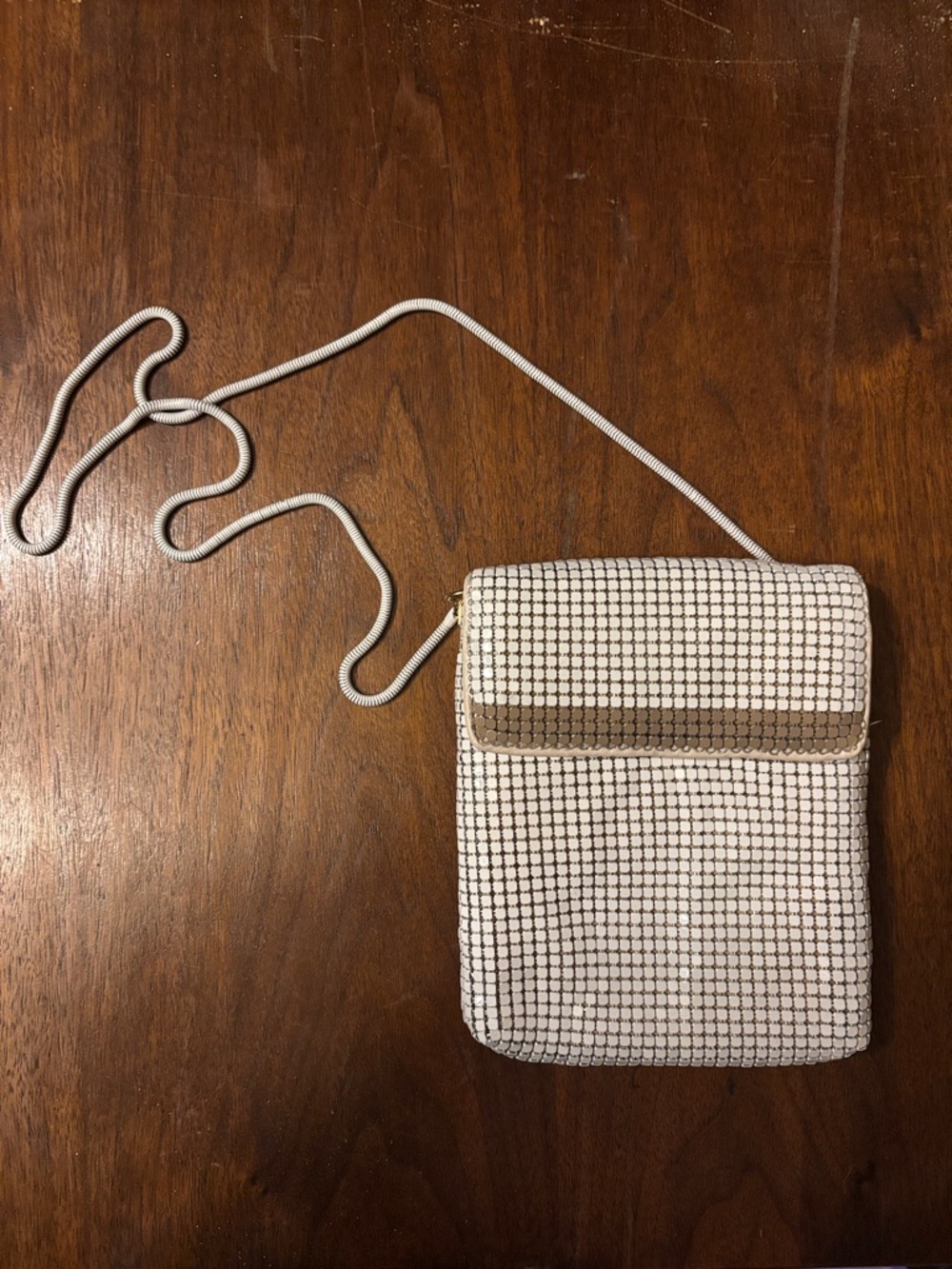 White Metal Mesh Shoulder Bag with Gold Trim